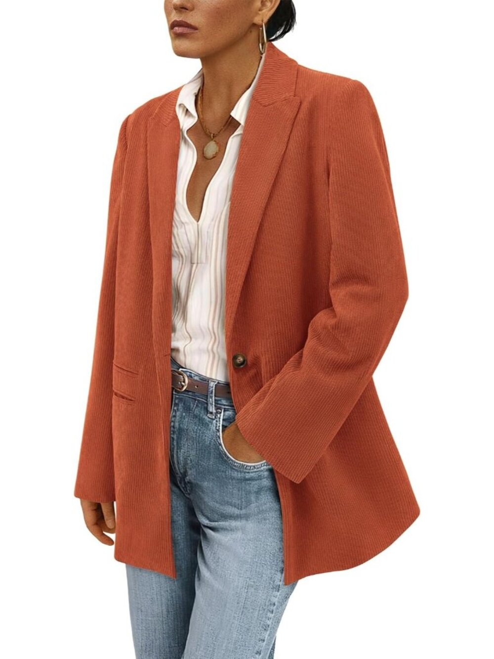 Women's Brick Red Long Sleeve Lapel Button Fall Coat Corduroy Blazer Jacket